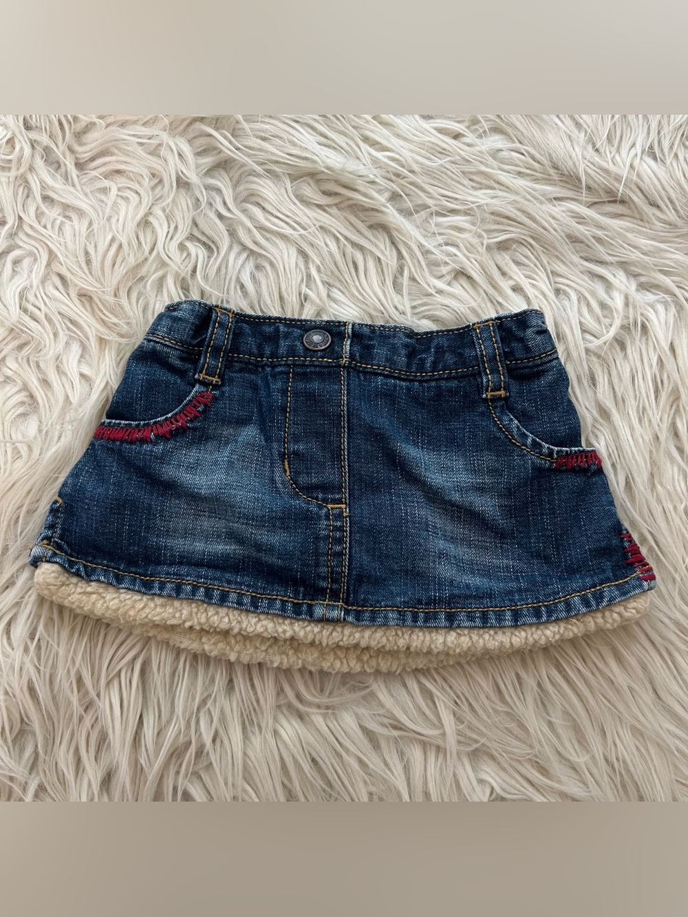 Vintage Y2K Old Navy Denim Mini Skirt Skort Sherpa Trim Baby Size 3-6 Months